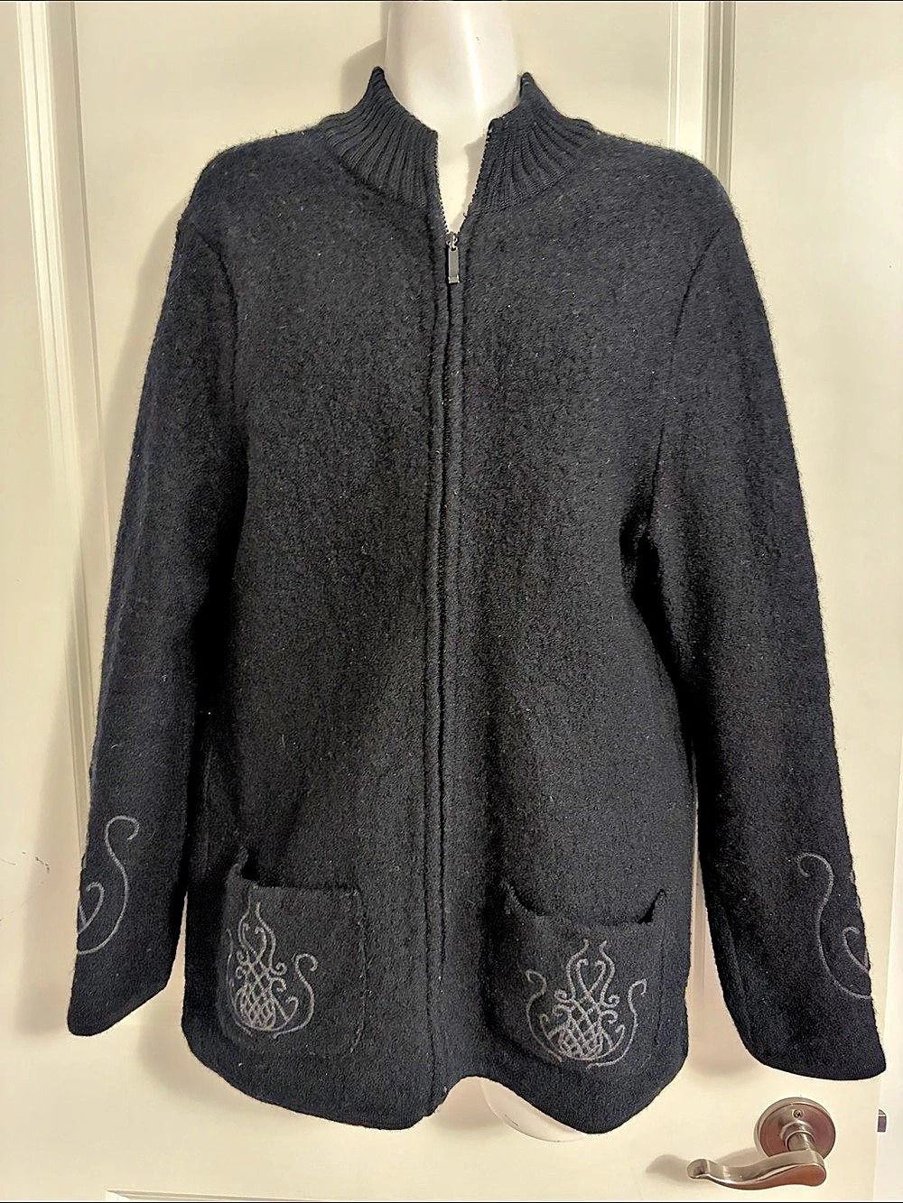 Black Wool Embroidered Zip Sweater